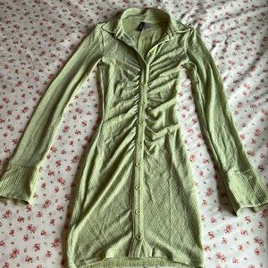 green sparkly ruched mini buttoned dress with collar